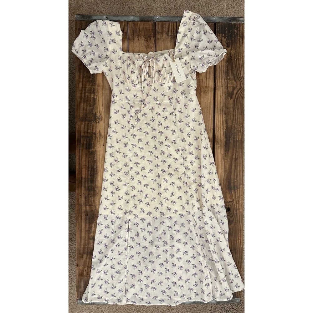 NWT RIHOAS Floral Tie Front Puff Sleeve Midi Dress Cream Purple Cottagecore